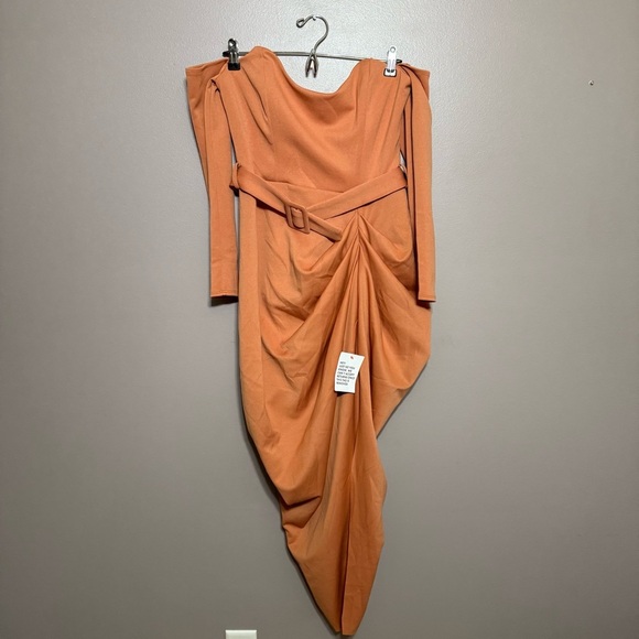 ASOS Design Elegant Tan Orange Long Sleeve Bardot Neckline Drape Mid Dress - Picture 3 of 11